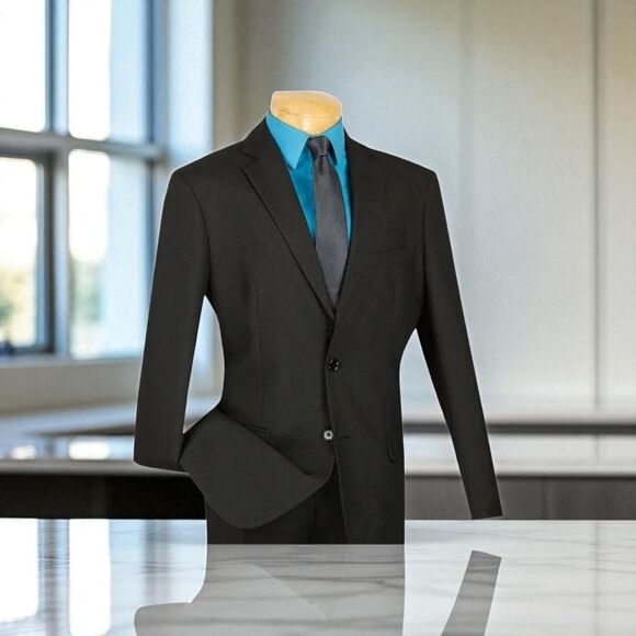 APOLLO KING MEN'S 2 PIECE MODERN FIT SOLID BLACK EXECUTIVE SUIT. 5604 - Picture 1 of 2
